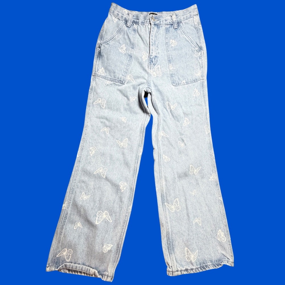 Simple Society Butterfly Print Wide Leg Jeans Light Wash High Rise Denim 9/29